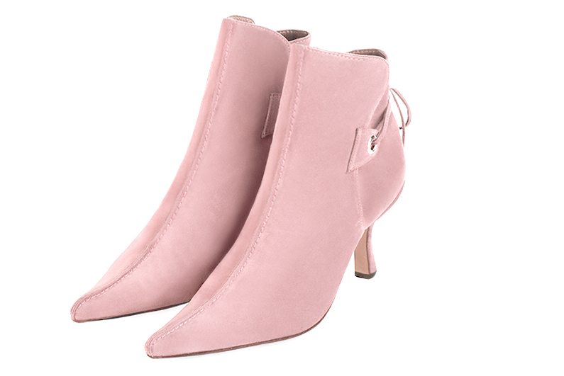 Light pink women's ankle boots with laces at the back. Pointed toe. High spool heels. Front view - Florence KOOIJMAN